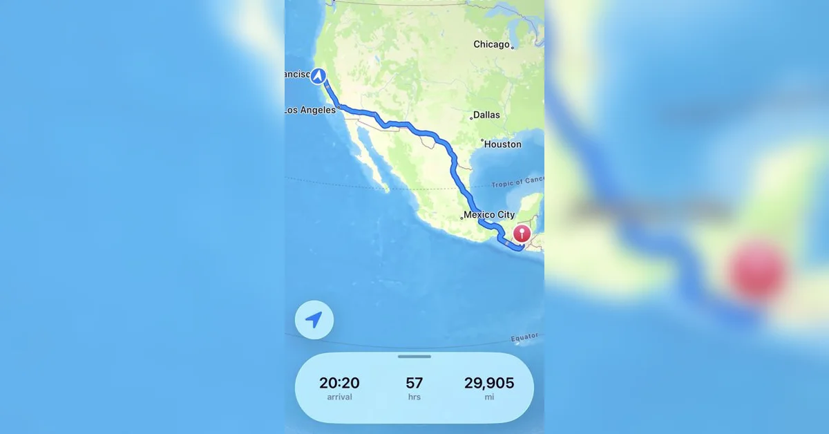 Apple Maps claims it's 29,905 miles away