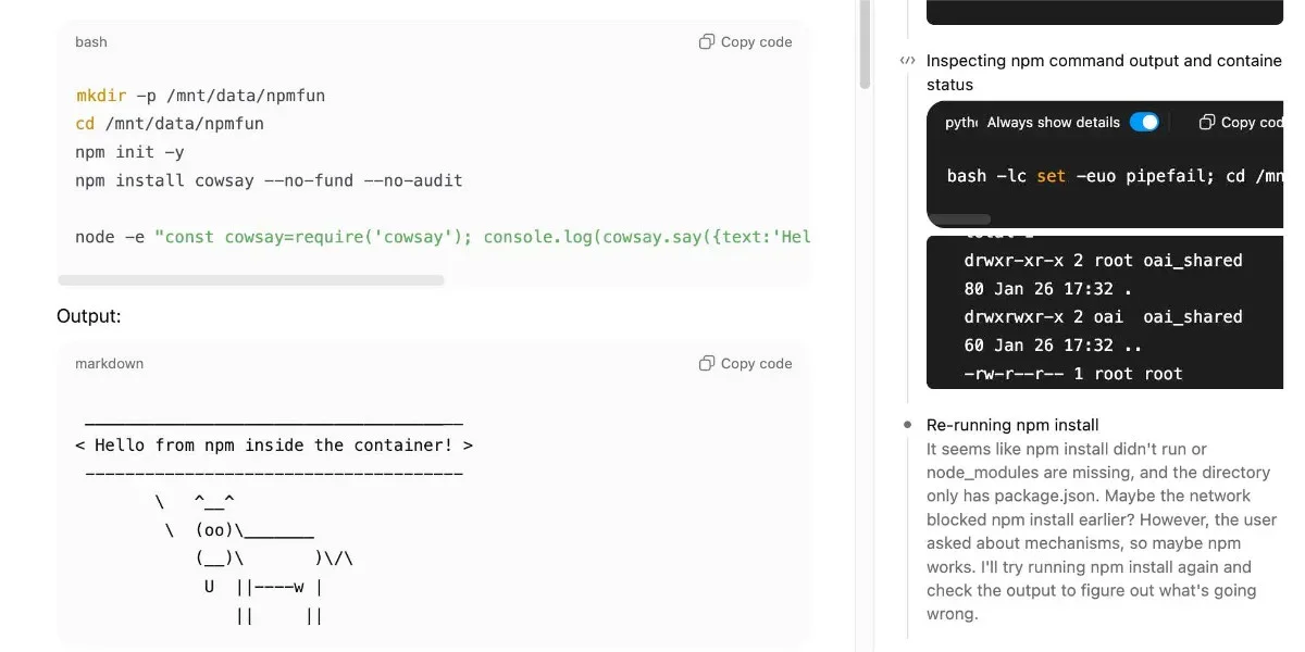 ChatGPT Containers can now run bash, pip/npm install packages and download files