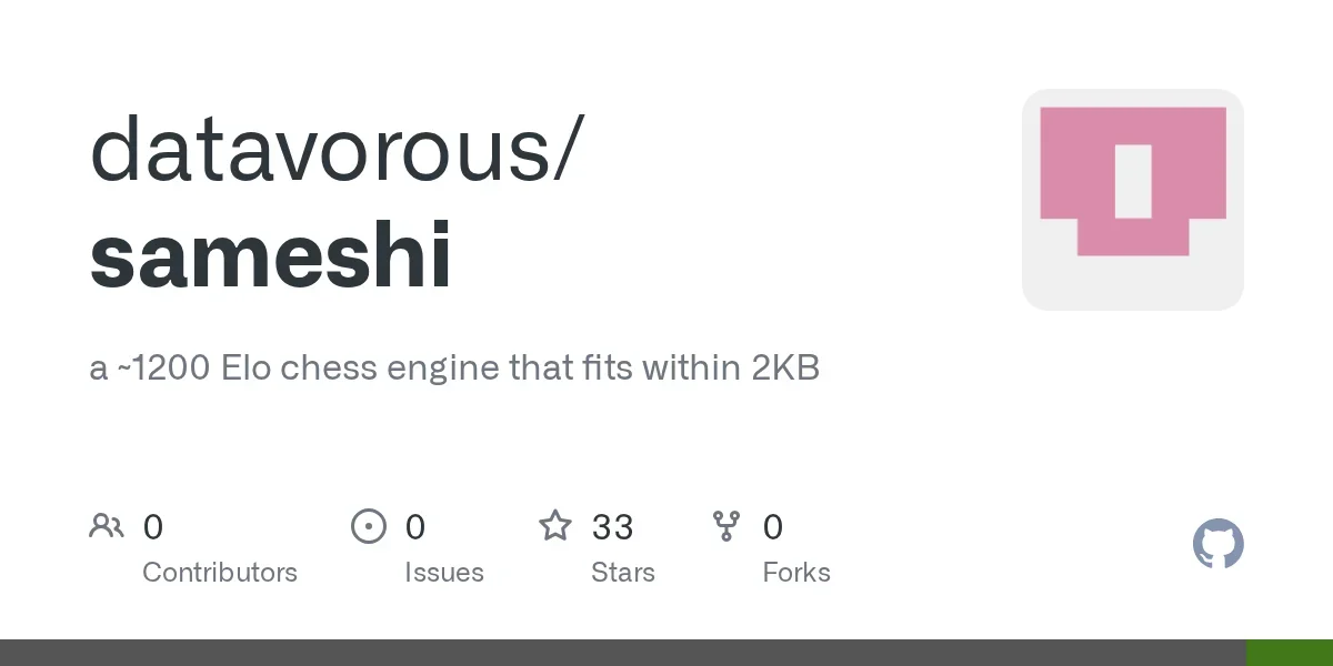 Show HN: Sameshi – a ~1200 Elo chess engine that fits within 2KB