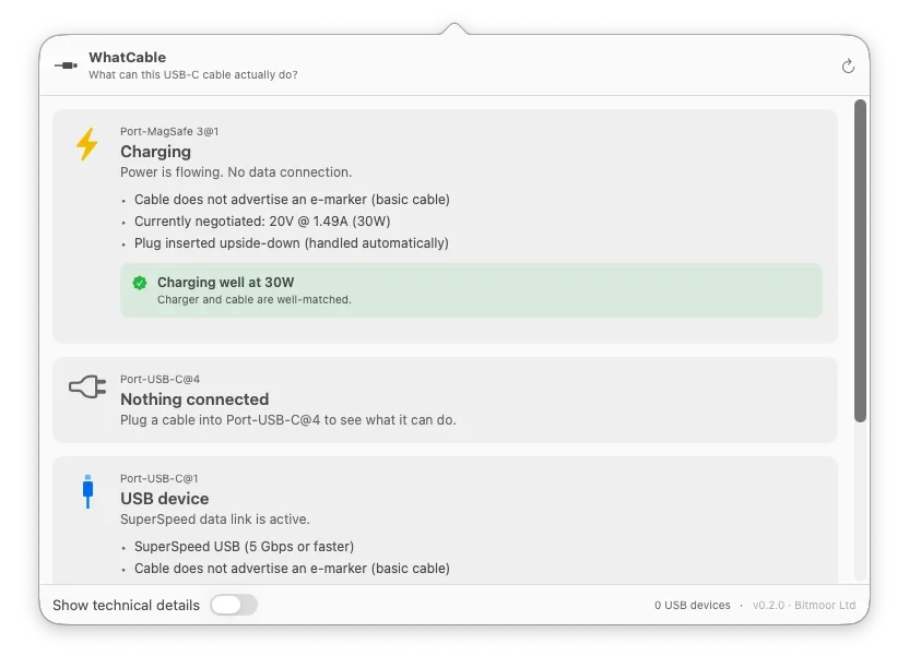 Show HN: WhatCable, a tiny menu bar app for inspecting USB-C cables