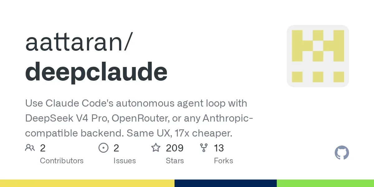 DeepClaude – Claude Code agent loop with DeepSeek V4 Pro, 17x cheaper