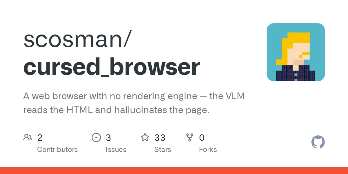 cursed_browser: A web browser with no rendering engine — the VLM reads the HTML and hallucinates the page