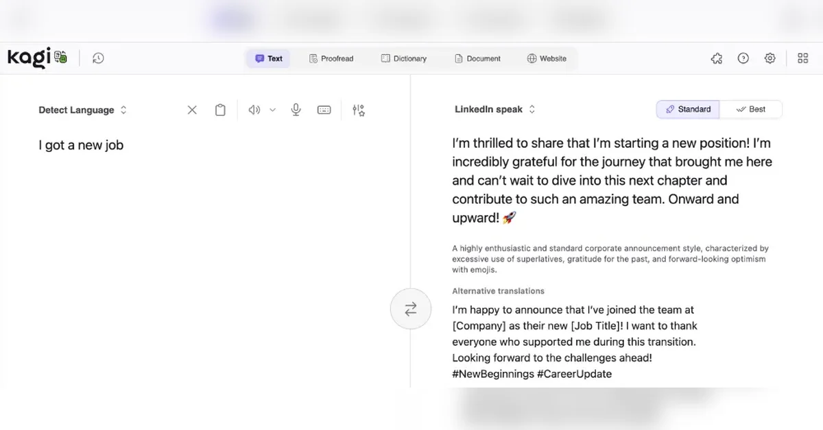 "LinkedIn Speak" was added to Kagi Translate