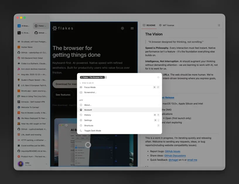[Flakes · Your next browser] A keyboard-first, AI-powered native browser for macOS. 