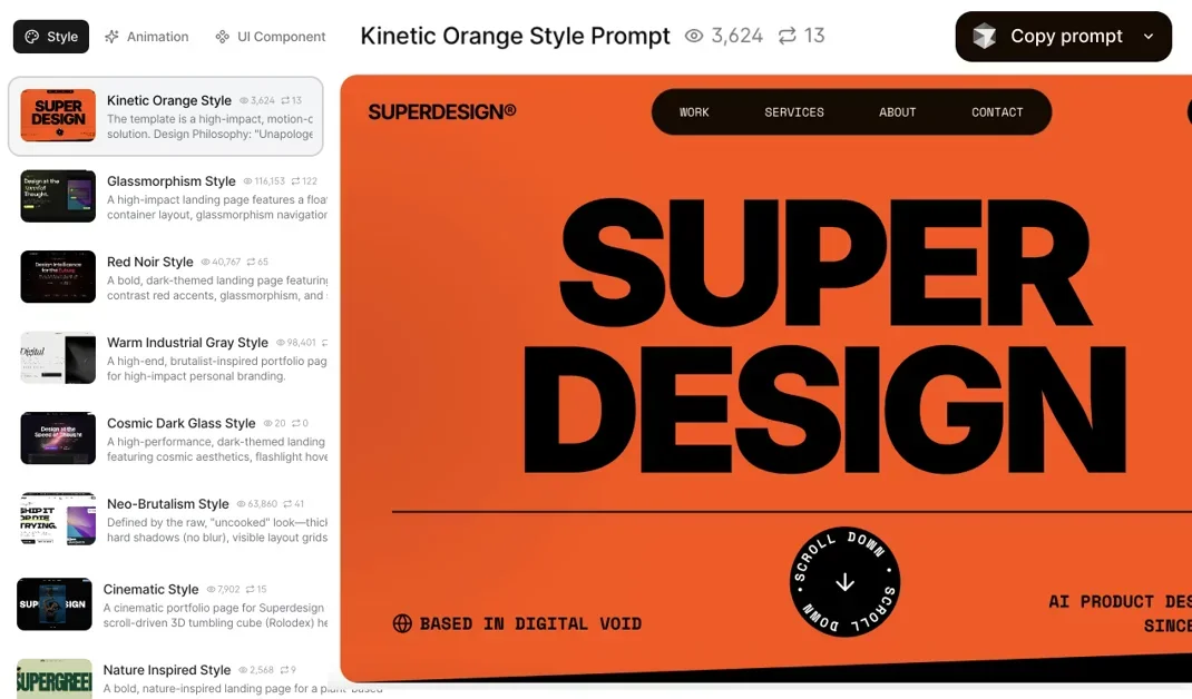 [Superdesign Prompt Library] Design prompts for style, animation, components