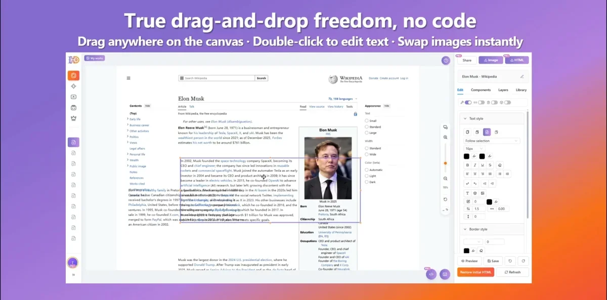 [HtmlDrag] A freeform canvas for any HTML (no grids, no wireframes)