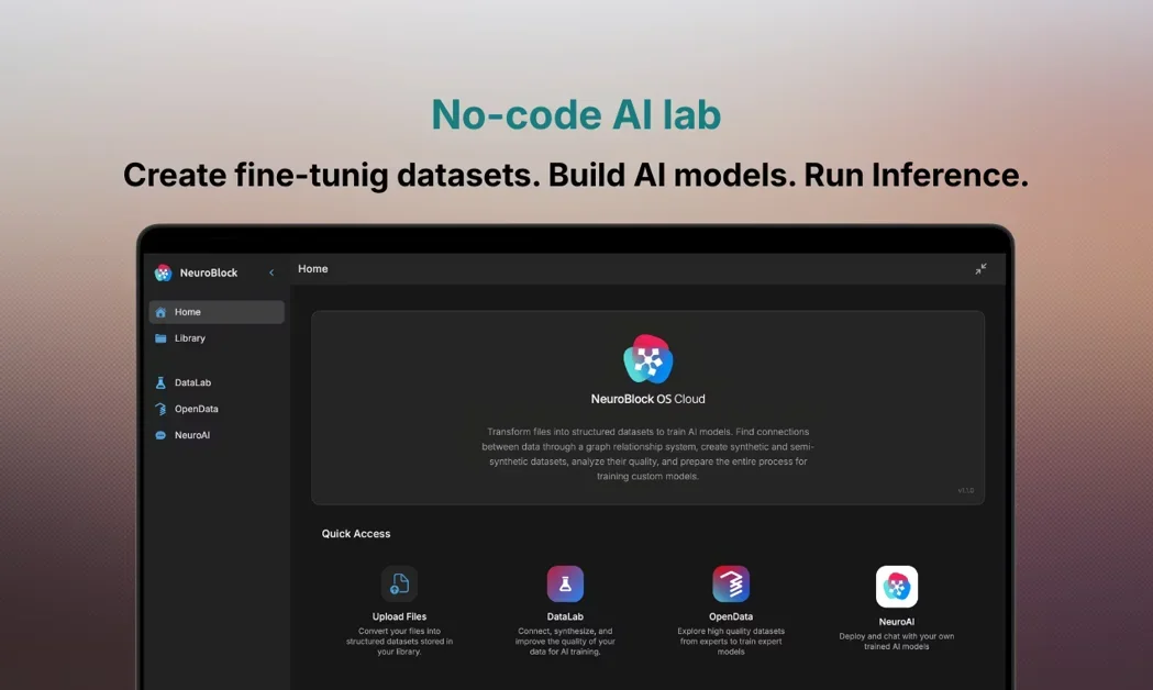 [NeuroBlock] No-code AI Lab: Train models, access datasets, run inference
