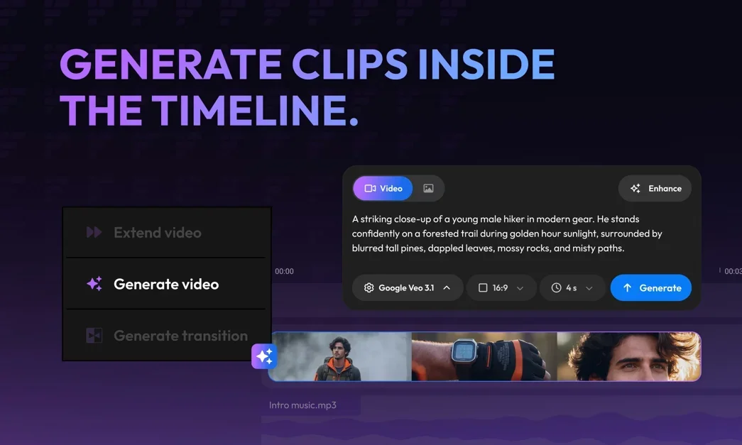 [Flixier Generate AI Video in Timeline] Extend shots, connect clips, generate from any frame