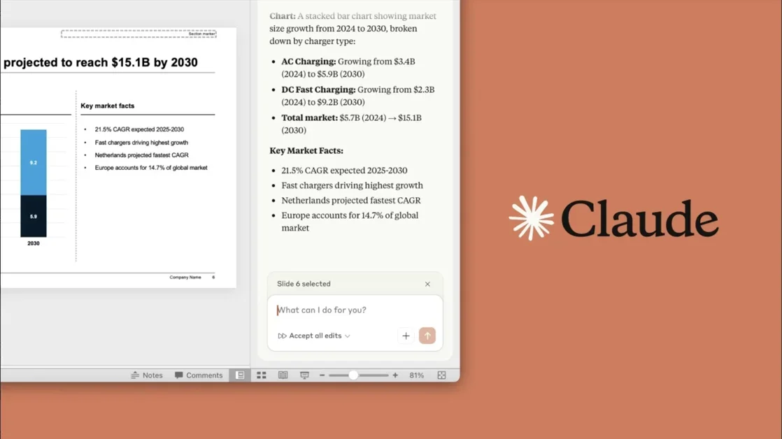 [Claude in PowerPoint] Use Claude to build, edit & refine PowerPoint presentations.