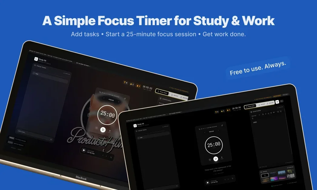 [Study OS] A minimalist focus timer with tasks, notes & study music