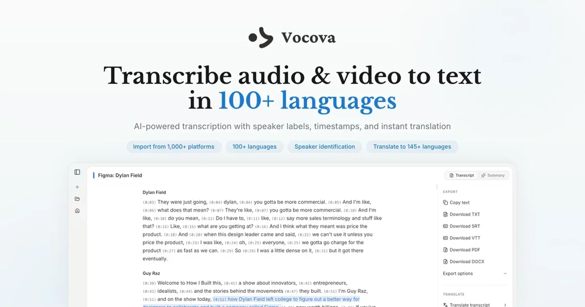 [Vocova] Transcribe audio & video from 1,000+ platforms