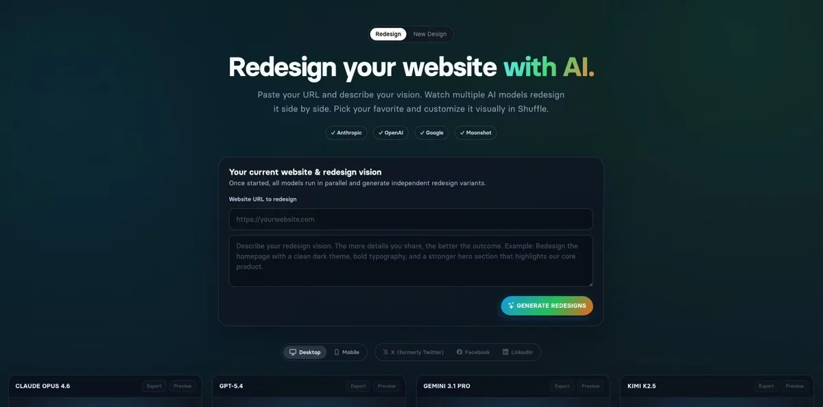 [AI Website Redesign by Shuffle] Watch multiple AI models redesign your website side-by-side