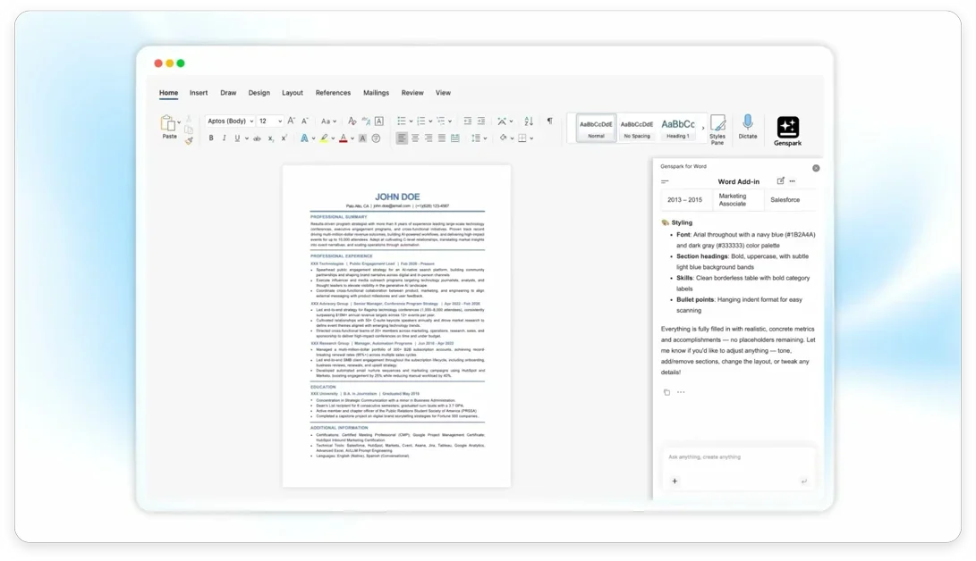 [Genspark for Word] Draft, edit, and research inside Microsoft Word with AI