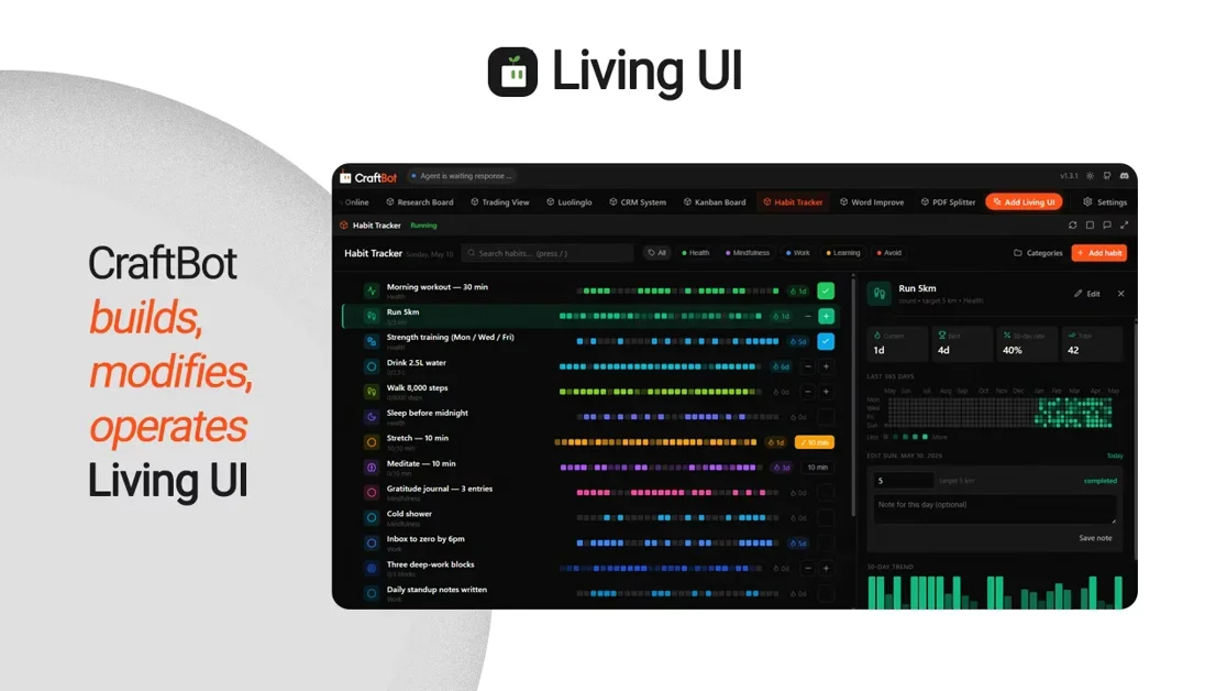 [CraftBot with Living UI] Grow your own software that is alive.
