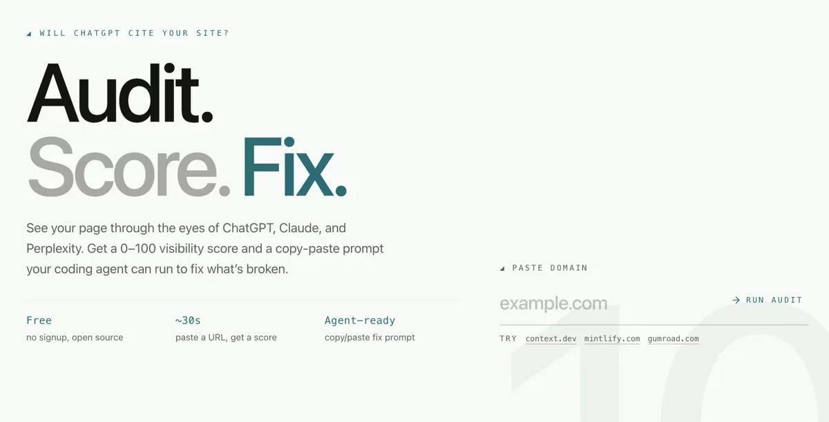 [Free AI SEO Auditor] Audit your site for the AI search era. 100% Open Source