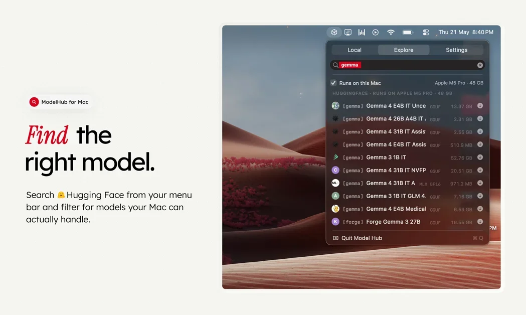 [ModelHub] The missing menu bar app for local LLMs on Mac.