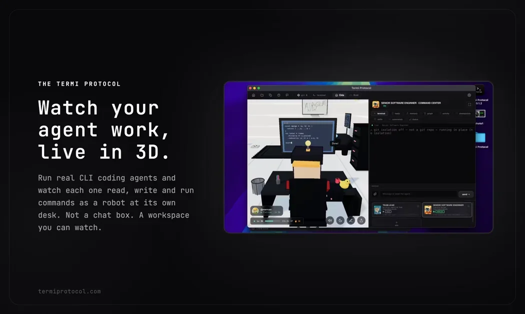 [Termi Protocol] Watch your AI coding agents build, live in 3D