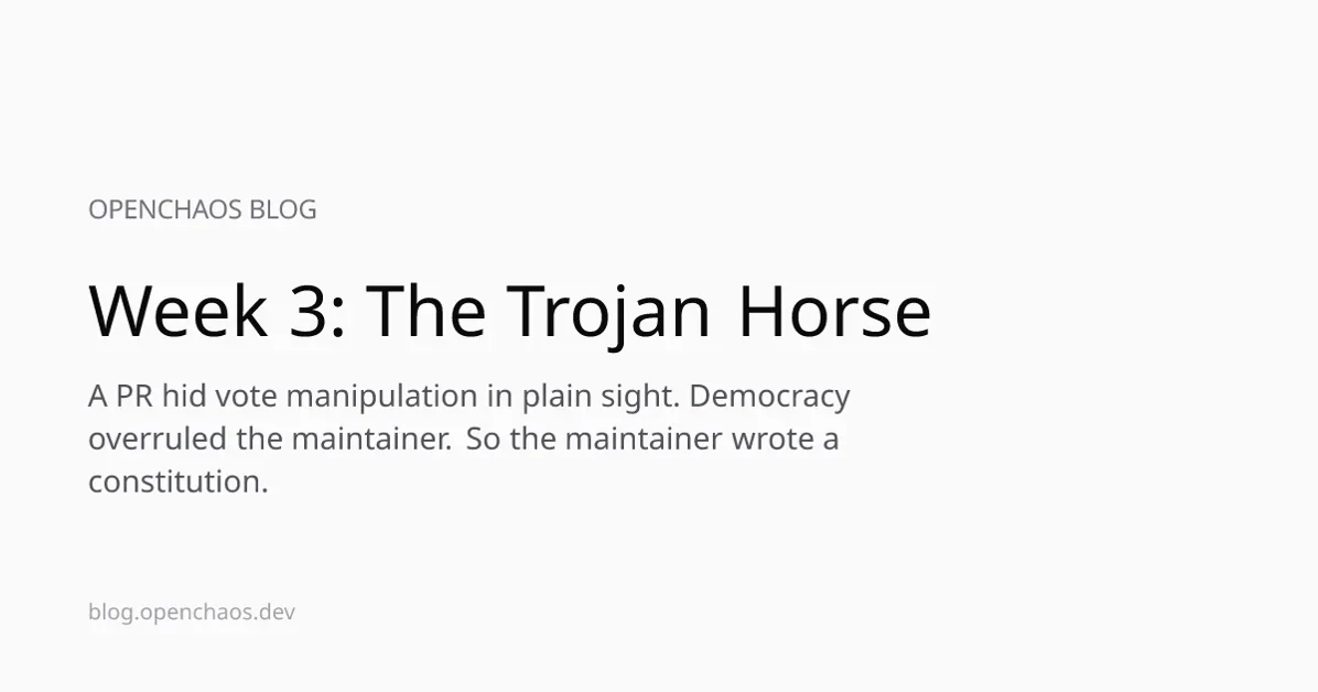 I let the community vote on what code gets merged. Someone snuck in self-boosting code. 218 voted for it. When I tried to reject it, they said I couldn't.